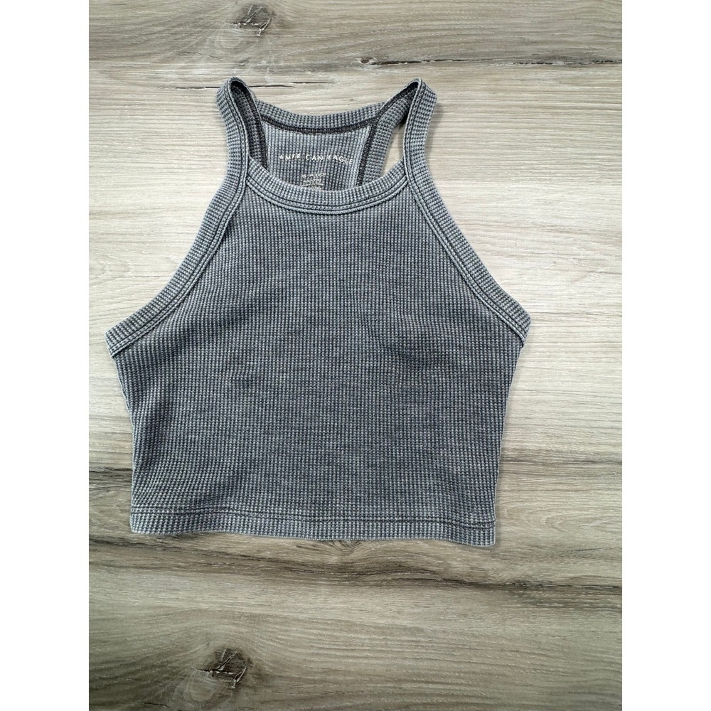 American Eagle Womens XS Charcoal Grey Waffle Knit High Neck Racerback Crop Tank